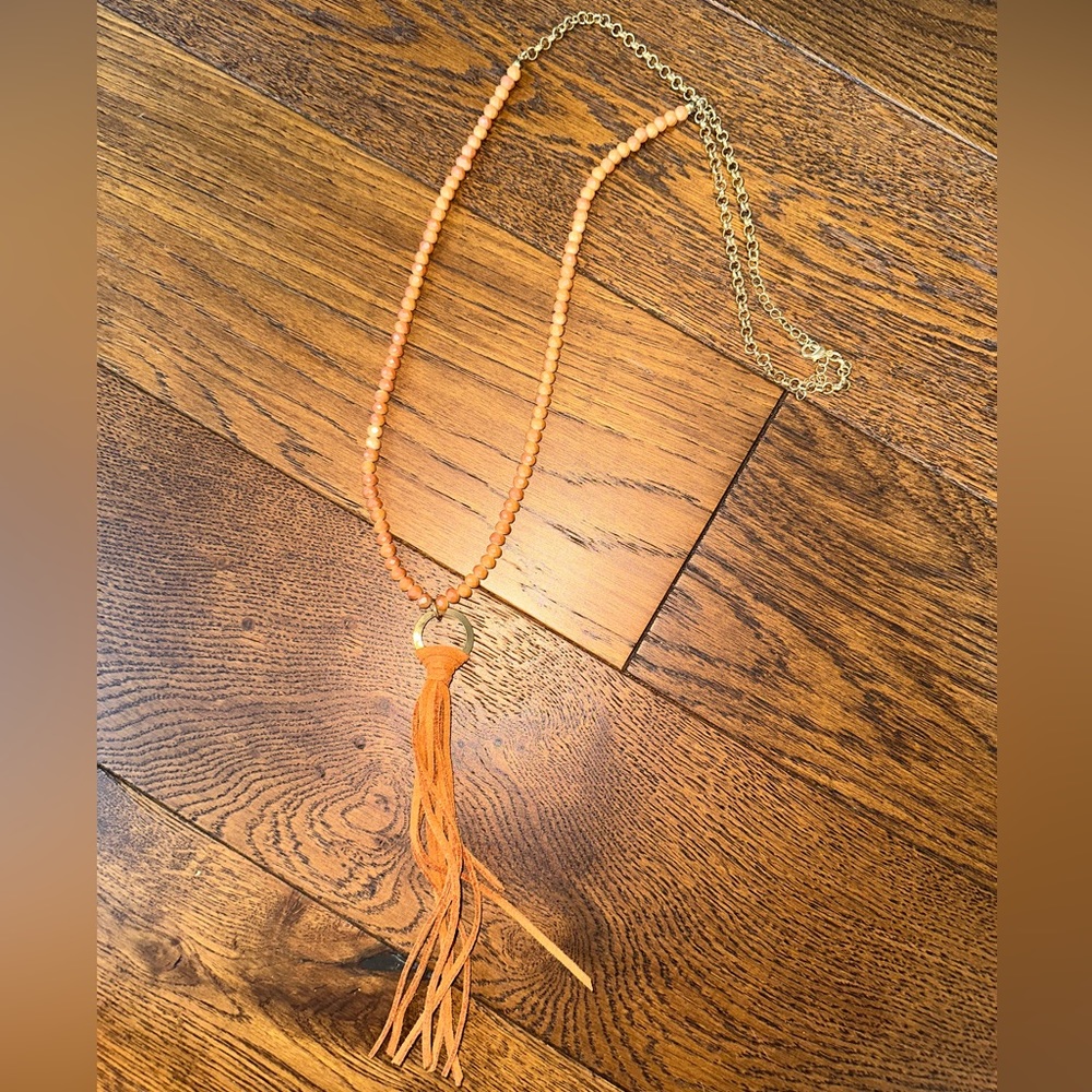 Tan Long Beaded and Leather Tassel Necklace